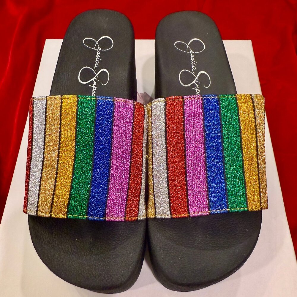 JESSICA SIMPSON MULTI RAINBOW METALLIC PLATFORM SANDALS SLIPPERS NEW WITH BOX 5